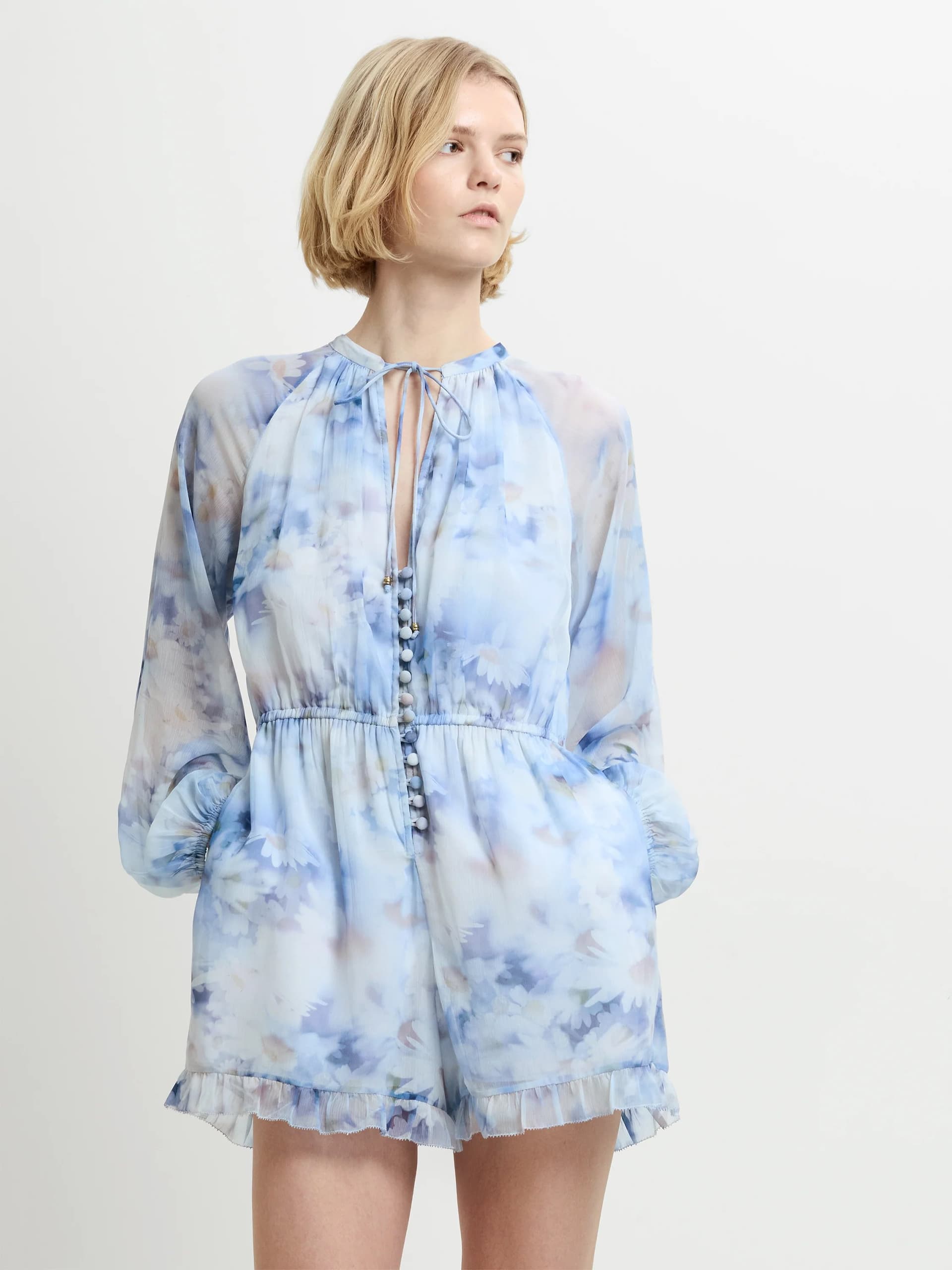 French Connection Daisy Chiffon Faux Button Blue Floral Playsuit Blue Multicoloured Floral Print