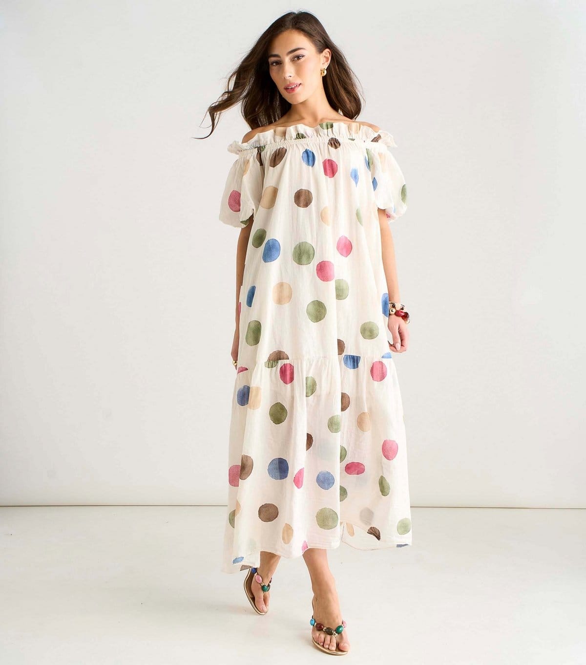 Gini London Cream Polka Dot Puff Sleeve Maxi Dress