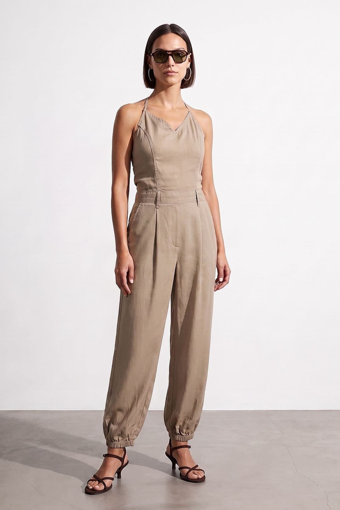 Dilvin Dilvin Women's Long Tencel Halter Jumpsuit in Beige