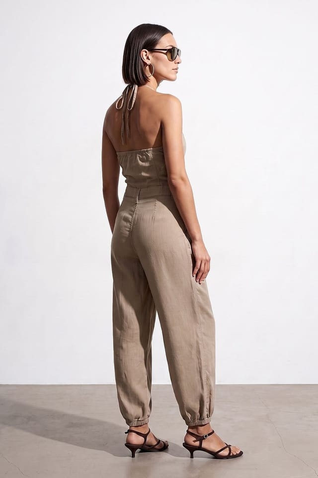 Dilvin Dilvin Women's Long Tencel Halter Jumpsuit in Beige - 2