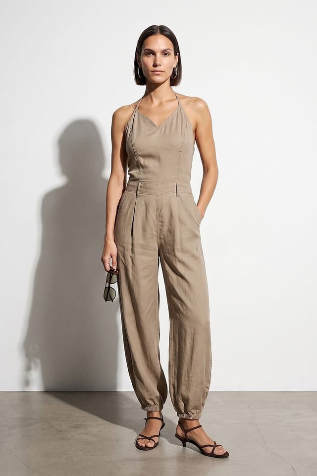 Dilvin Dilvin Women's Long Tencel Halter Jumpsuit in Beige - 3