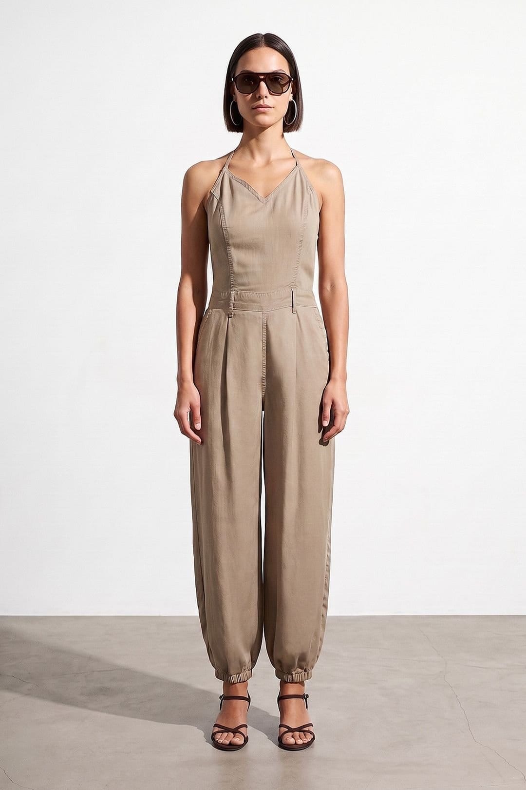 Dilvin Dilvin Women's Long Tencel Halter Jumpsuit in Beige - 4