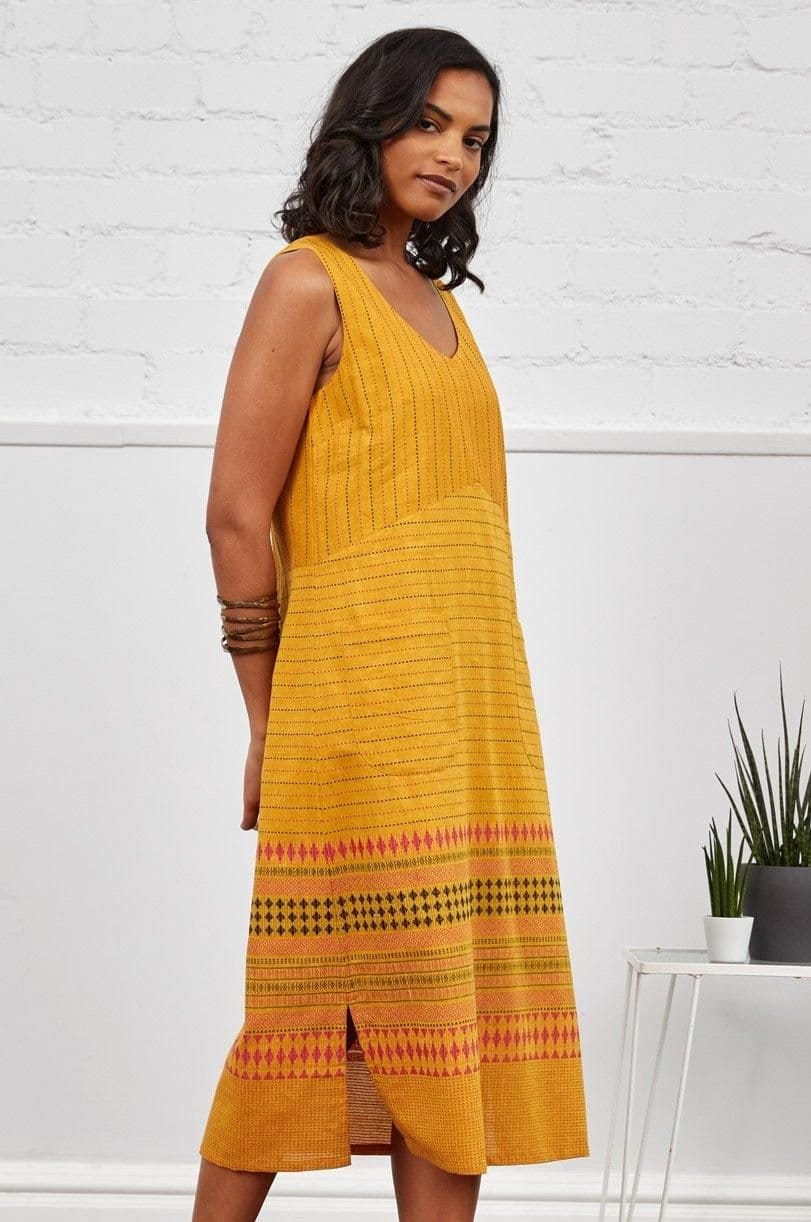 Nomads Clothing Nomads Clothing Women's Handloom Sleeveless Jaquard Dress in Yellow - 1