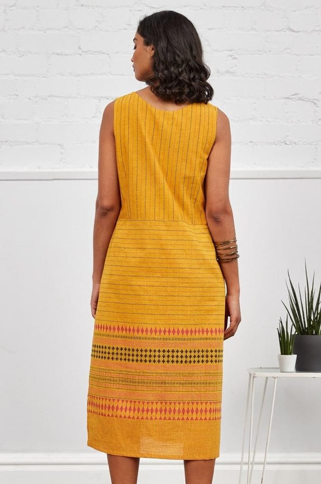 Nomads Clothing Nomads Clothing Women's Handloom Sleeveless Jaquard Dress in Yellow - 2