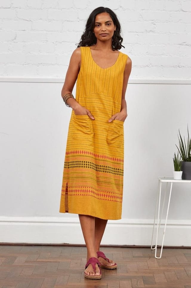 Nomads Clothing Nomads Clothing Women's Handloom Sleeveless Jaquard Dress in Yellow - 3
