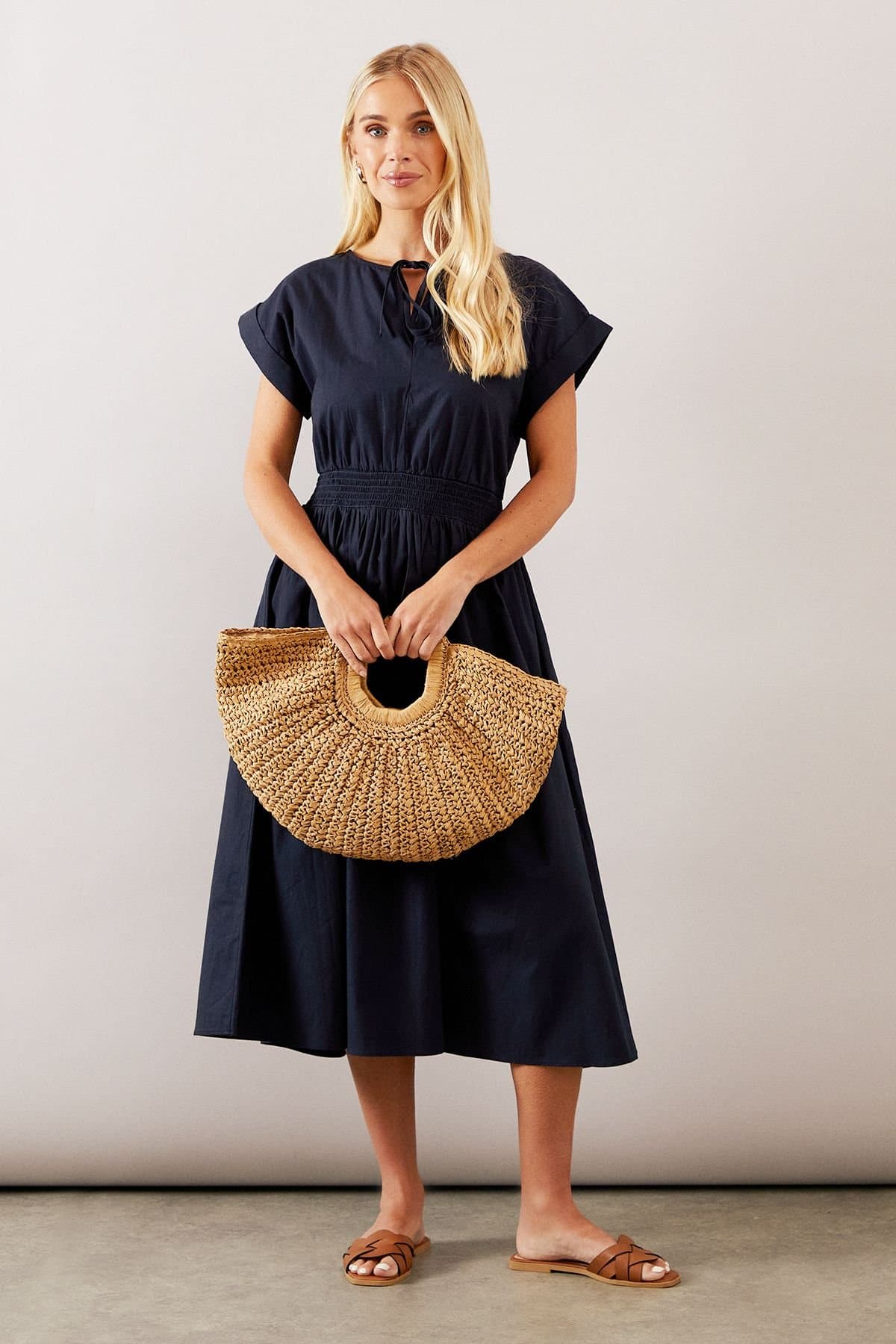 Wallis Wallis Women's Petite Shirred Waist Midi Dress in Navy