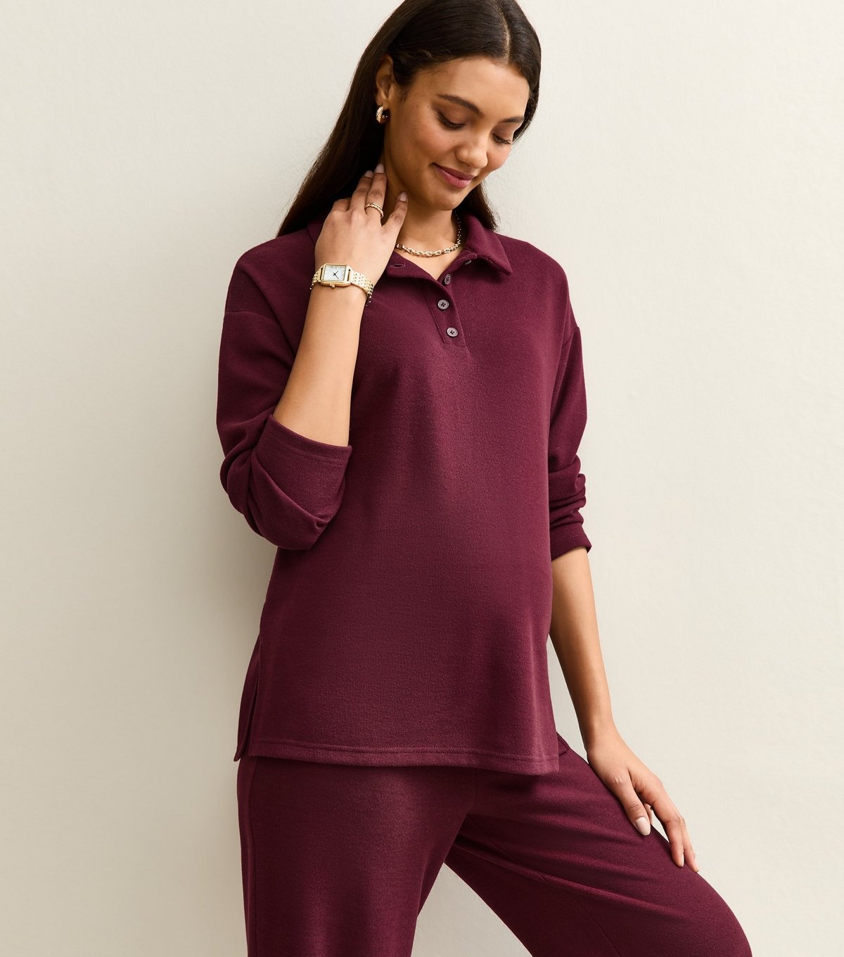 New Look Women's Maternity Burgundy Soft Touch Longline Polo Top New Look - 3