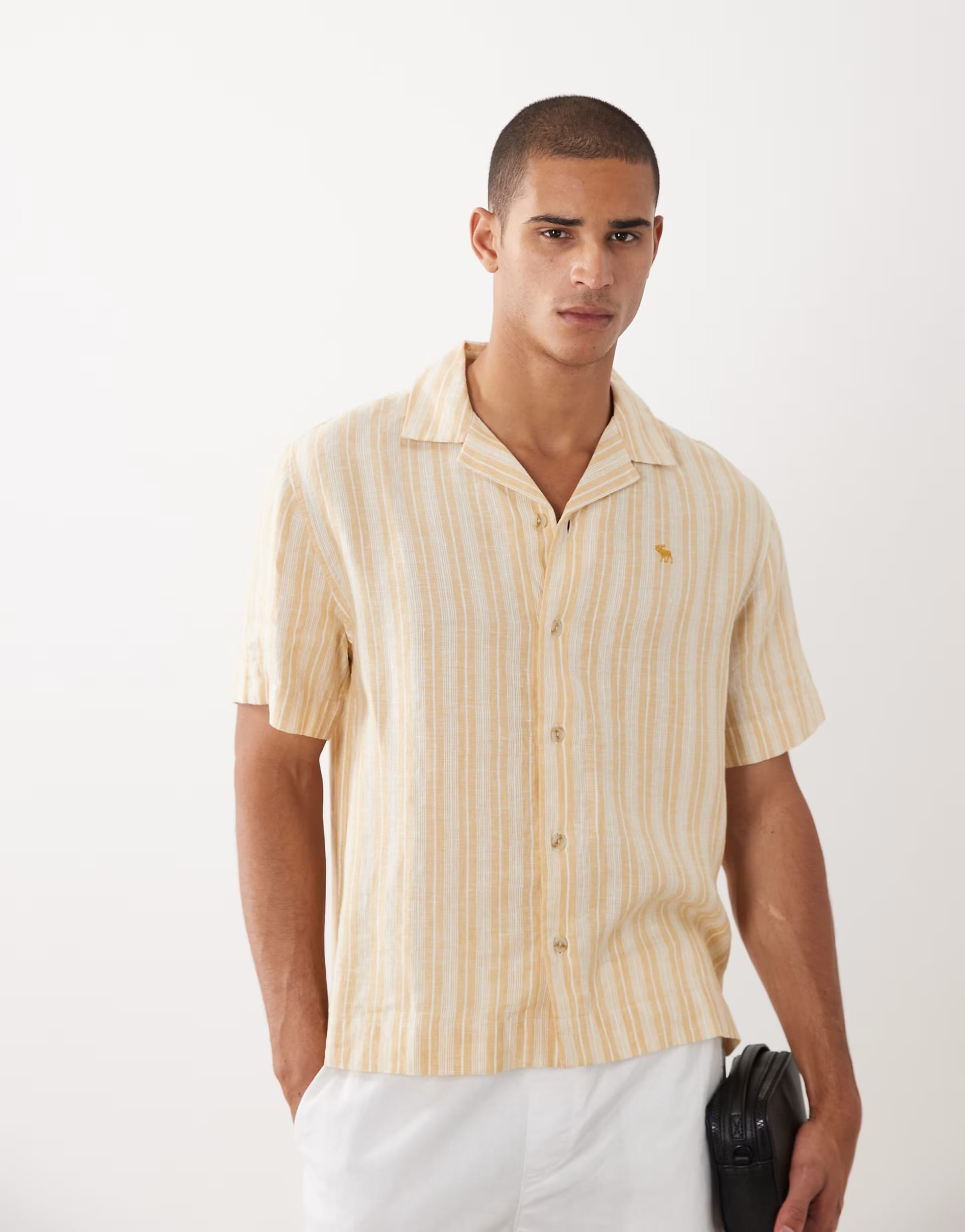 Abercrombie & Fitch Yellow Striped Linen Short Sleeve Shirt