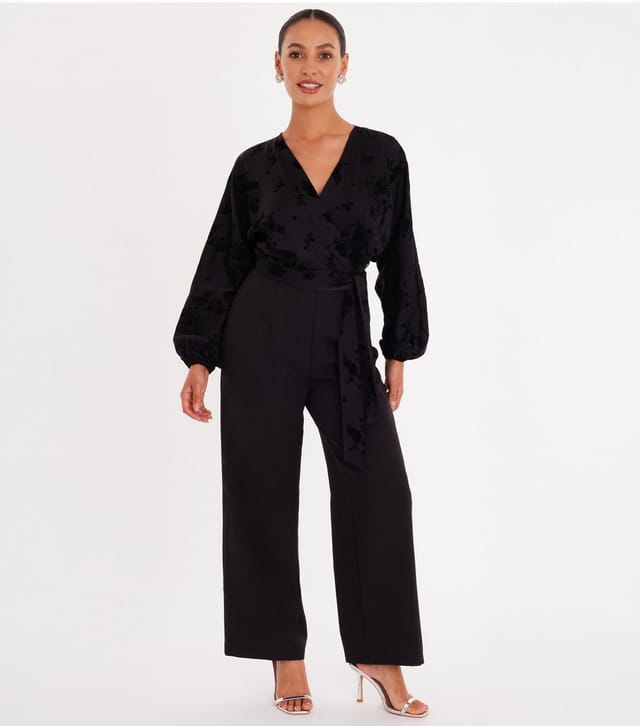 Quiz Women's Black Satin Floral Detail Wrap Jumpsuit Quiz New Look - 2