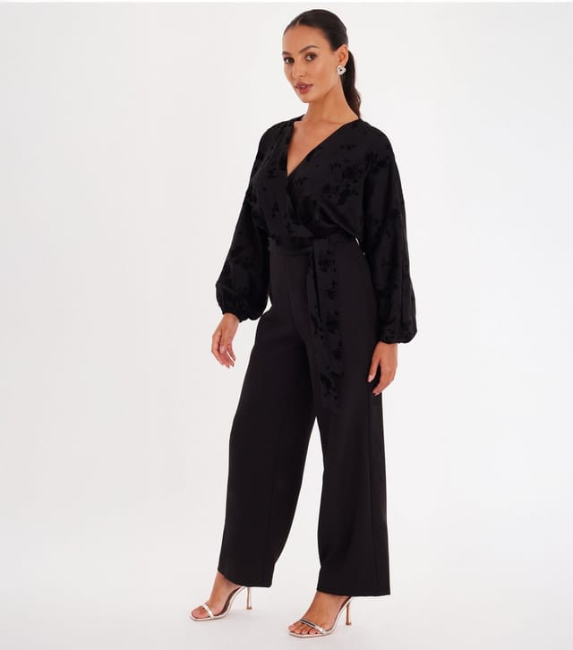 Quiz Women's Black Satin Floral Detail Wrap Jumpsuit Quiz New Look - 3