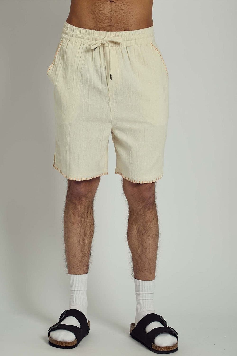 Native Youth Native Youth Men's Cotton Stitch Design Elasticated Shorts in Off-White