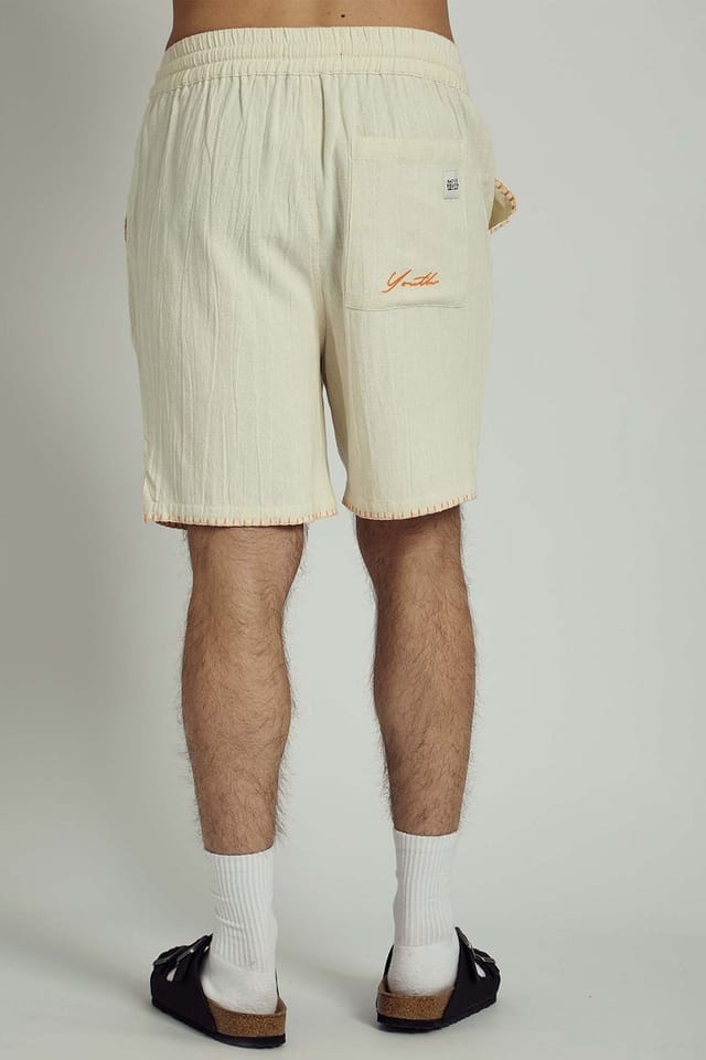 Native Youth Native Youth Men's Cotton Stitch Design Elasticated Shorts in Off-White - 2