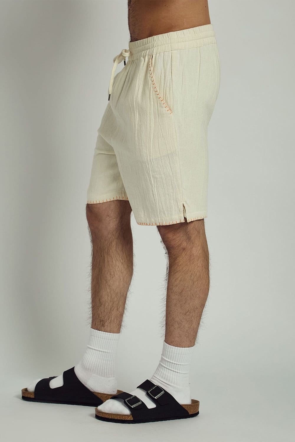 Native Youth Native Youth Men's Cotton Stitch Design Elasticated Shorts in Off-White - 4