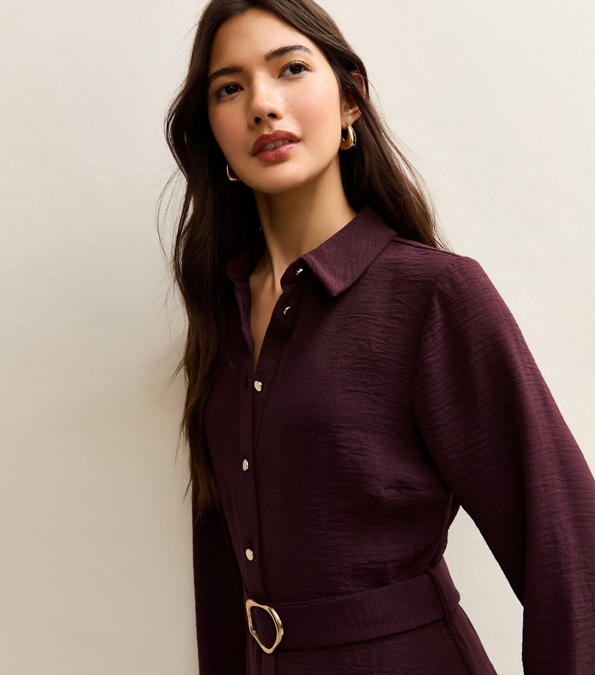 New Look Women's Burgundy Belted Button Through Mini Shirt Dress New Look - 2