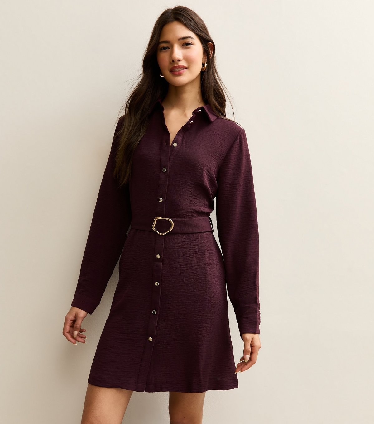 New Look Women's Burgundy Belted Button Through Mini Shirt Dress New Look - 3