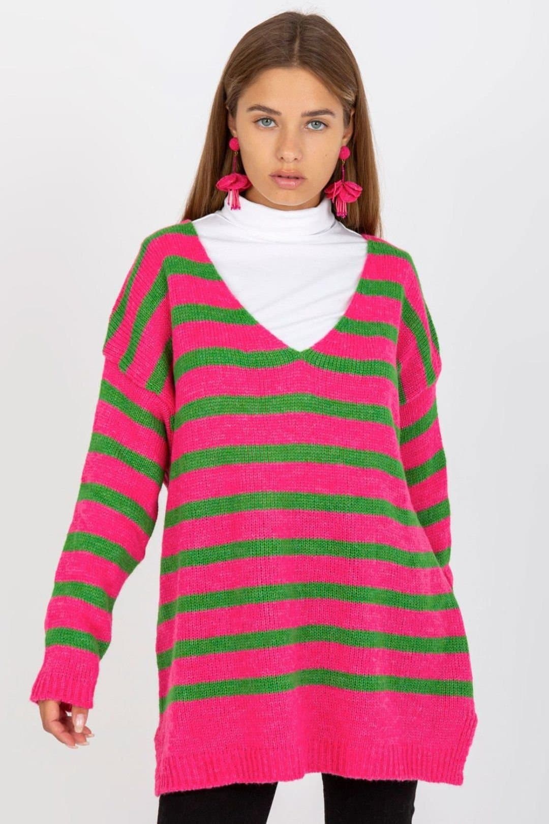 Love Lace Love Lace Women's Colorful Striped V Neck Long Sleeve Sweater in Pink