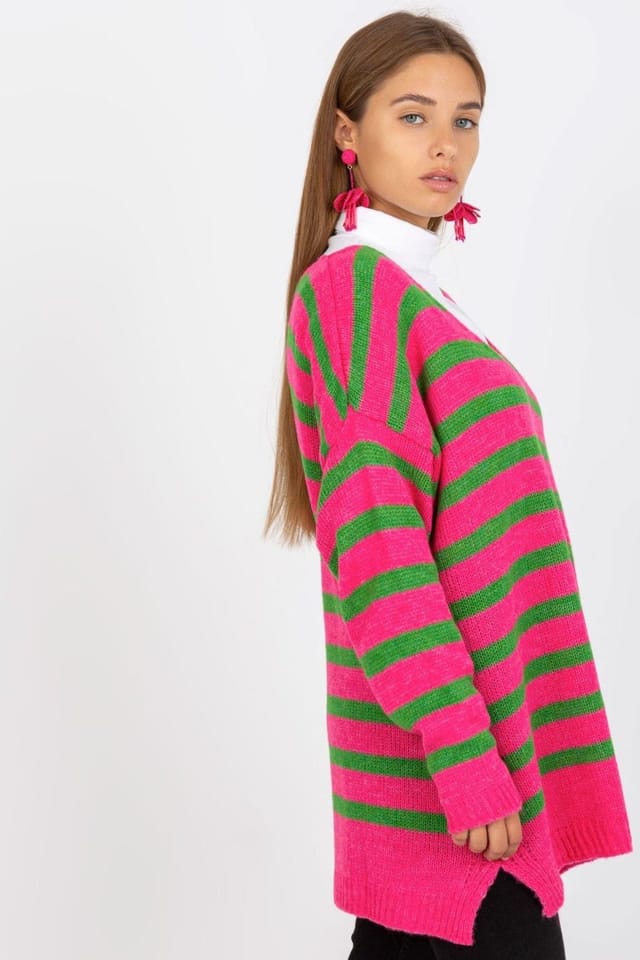 Love Lace Love Lace Women's Colorful Striped V Neck Long Sleeve Sweater in Pink - 2