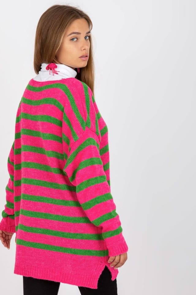 Love Lace Love Lace Women's Colorful Striped V Neck Long Sleeve Sweater in Pink - 3