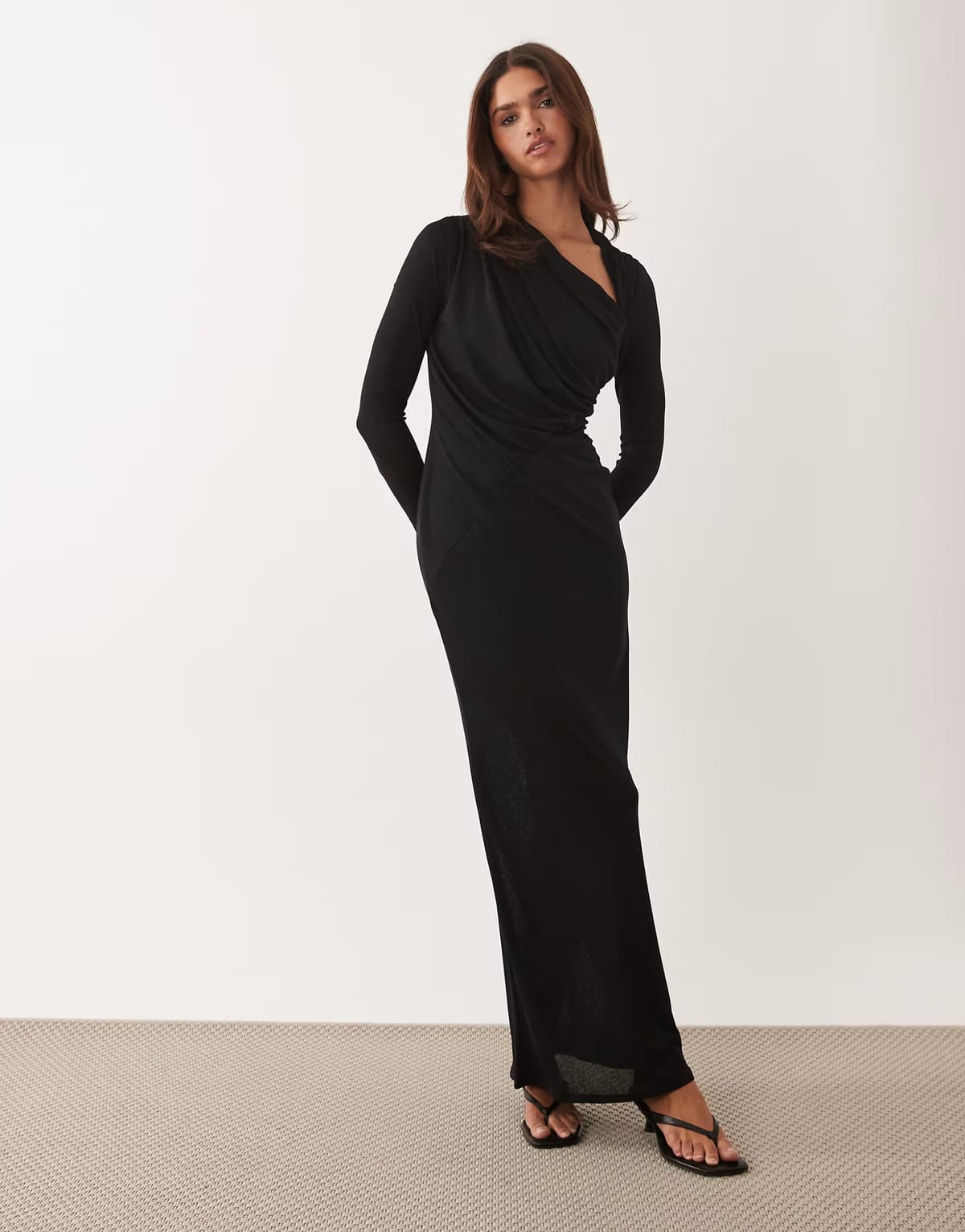 ASOS ASOS DESIGN long sleeve asymmetric ruched maxi dress in black - 1