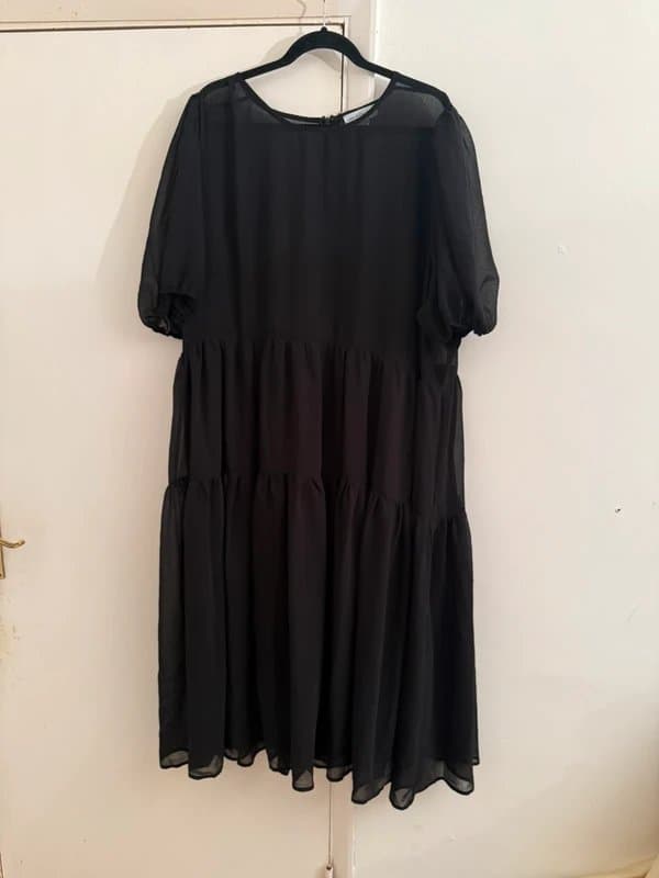 Never Fully Dressed Never Fully Dressed Black Tiered Smock Dress | Sheer Puff Sleeve Midi | UK 24