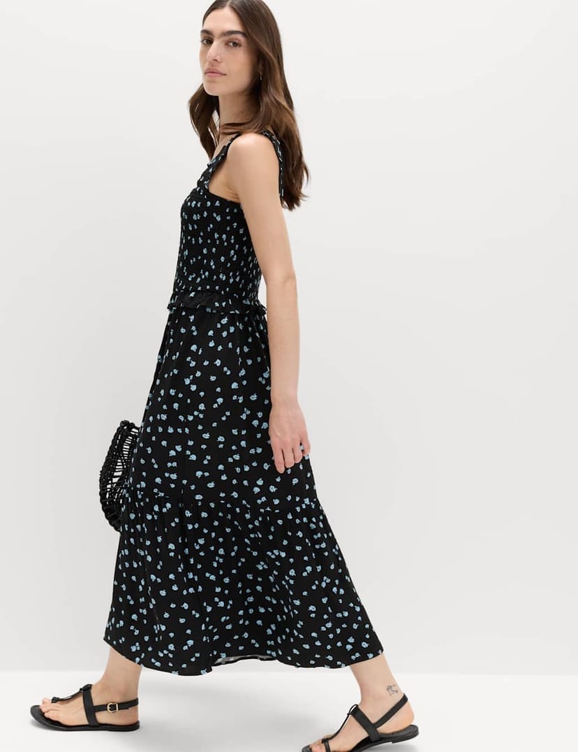Marks & Spencer M&S Printed Square Neck Midi Waisted Dress Black Mix - 1