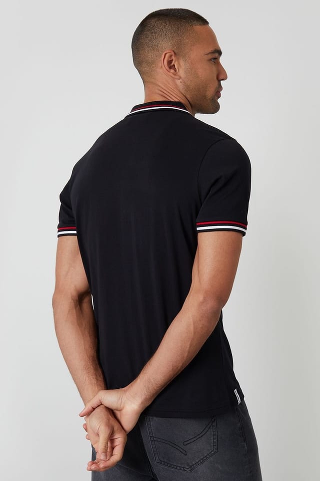 Threadbare Threadbare Men's Contrast Tipping Cotton Jersey Polo Shirt in Black - 2