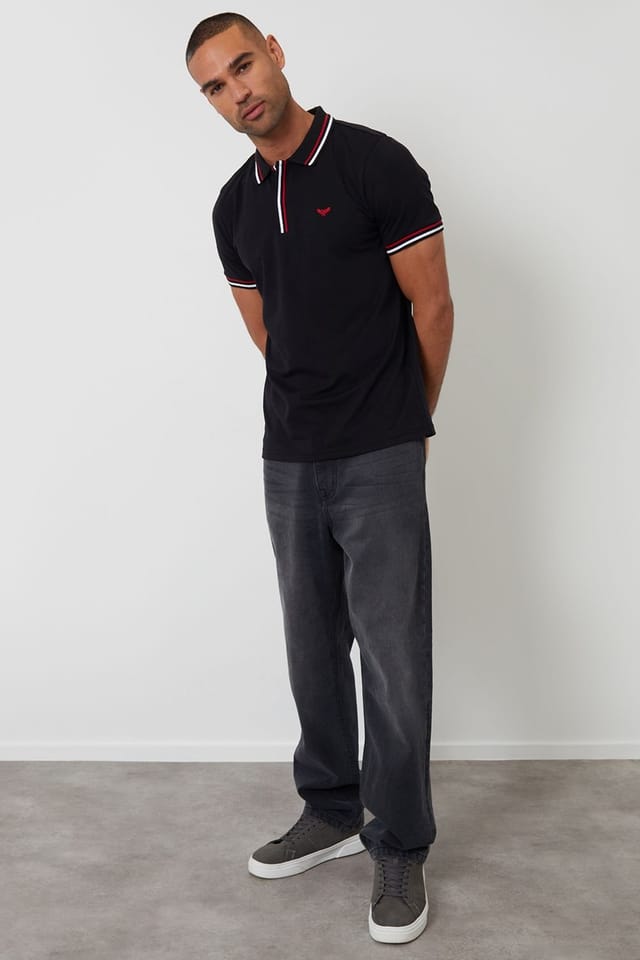 Threadbare Threadbare Men's Contrast Tipping Cotton Jersey Polo Shirt in Black - 3