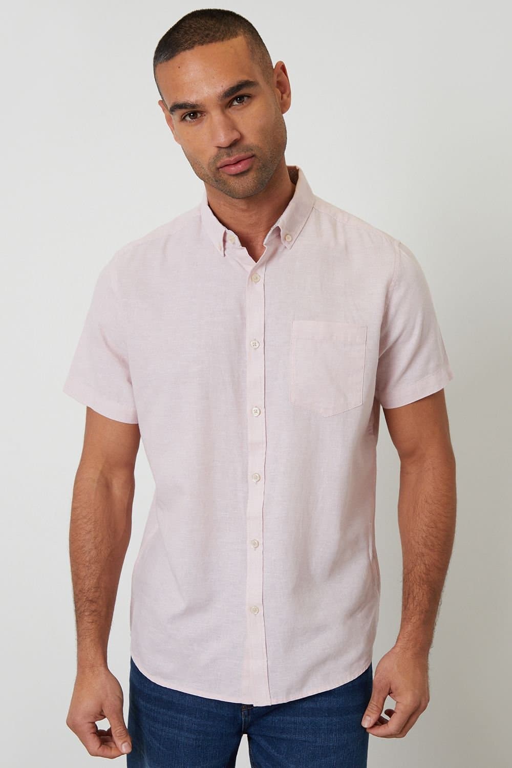 Threadbare Threadbare Men's Short Sleeve Linen Blend Shirt in Dusty Pink