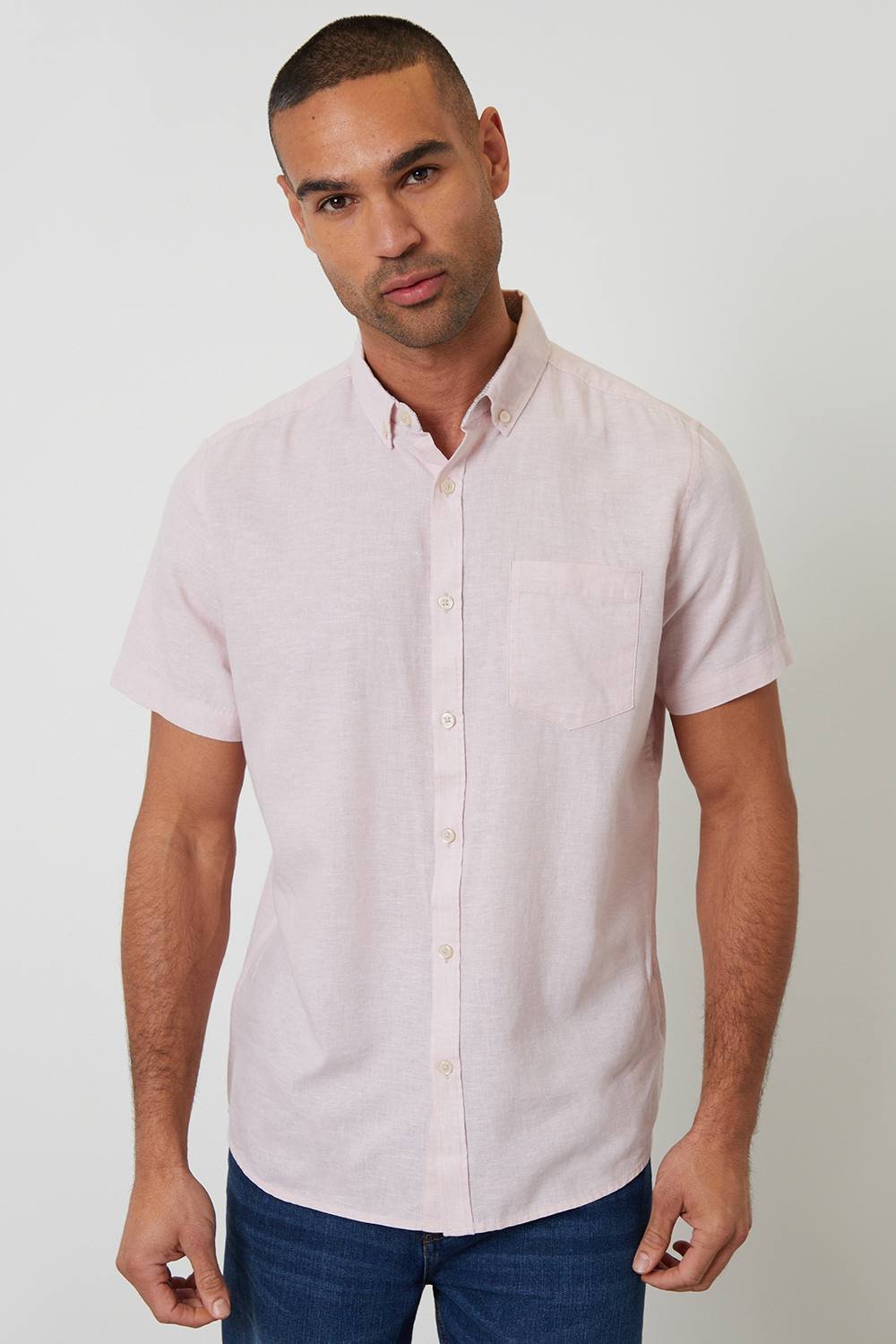 Threadbare Threadbare Men's Short Sleeve Linen Blend Shirt in Dusty Pink - 2