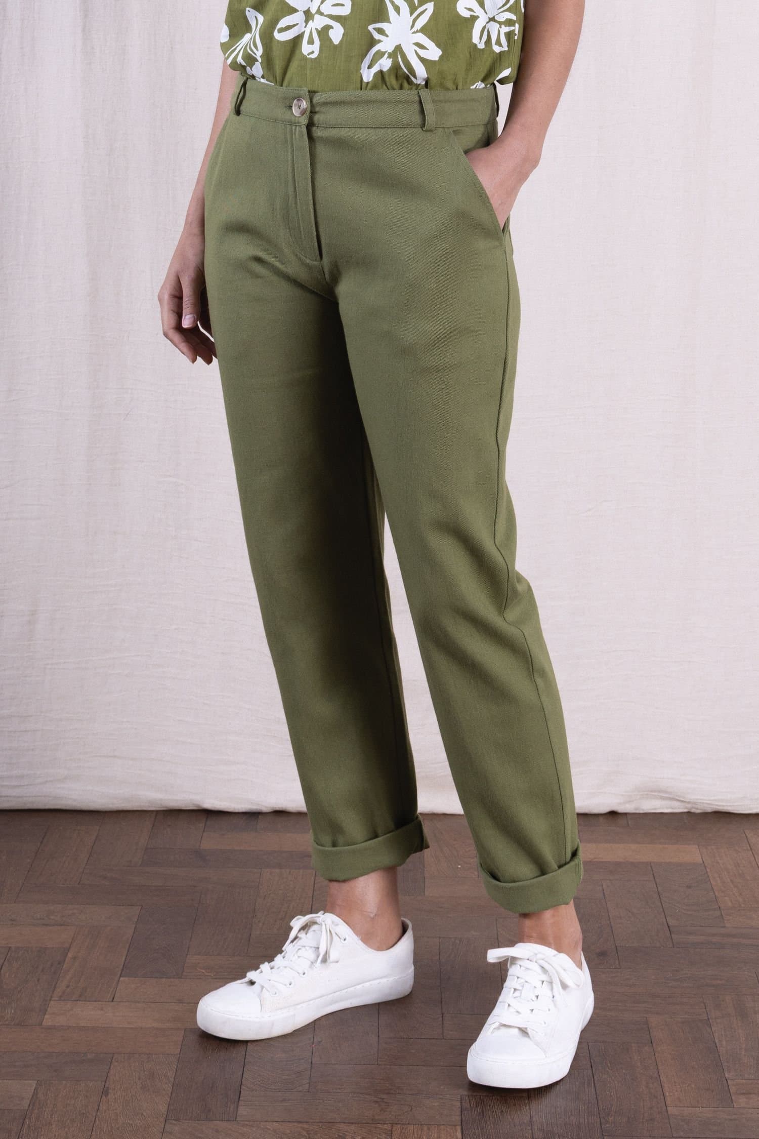 Nomads Clothing Nomads Clothing Green Cotton Drill Slim Leg Trousers