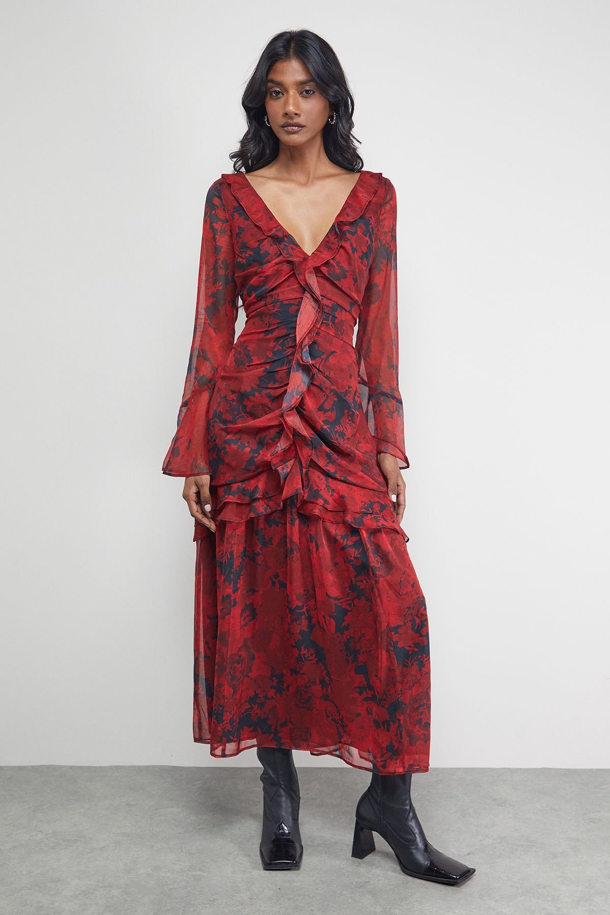 Warehouse Warehouse Women's Chiffon Ruffle Gathered Bodice Midi Dress in Red - 2