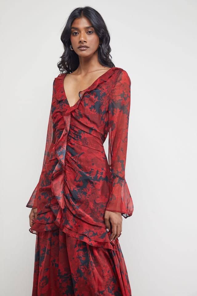 Warehouse Warehouse Women's Chiffon Ruffle Gathered Bodice Midi Dress in Red - 2