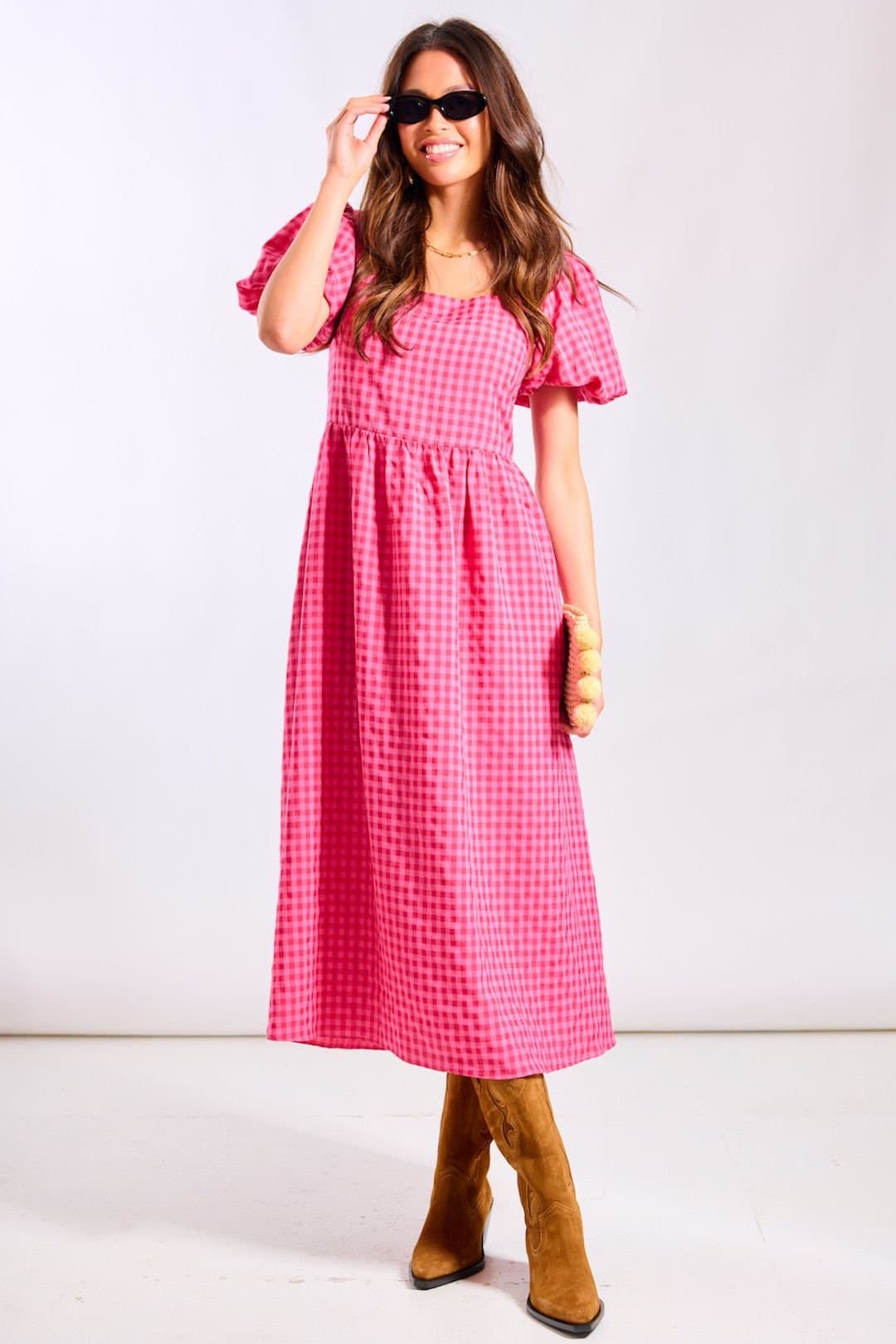 Needs No Label Needs No Label Women's Pink Gingham Midi Dress