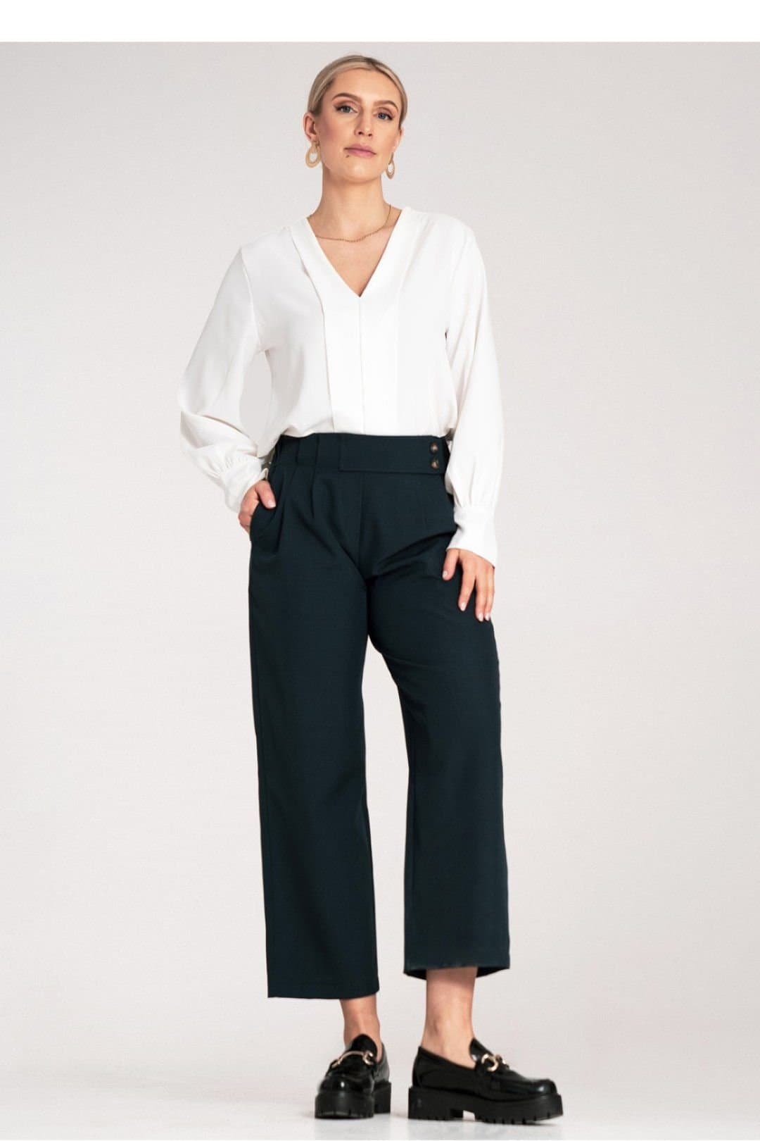 Love Lace Love Lace Women's High Waist Button Detail Pleated Trousers in Blue
