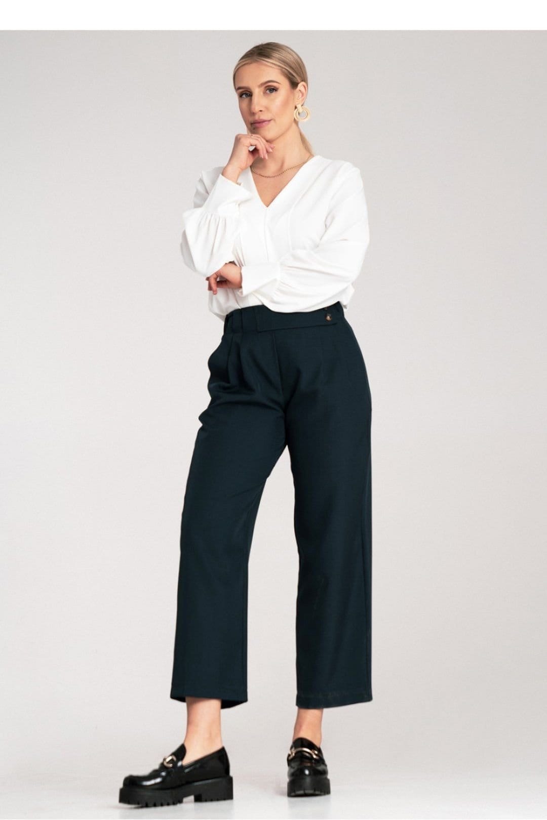 Love Lace Love Lace Women's High Waist Button Detail Pleated Trousers in Blue - 4