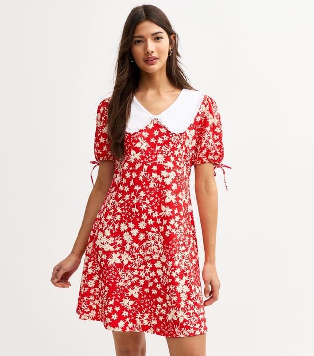 New Look Women's Red Crinkle Texture Floral Print Frill Collar Mini Dress New Look - 2