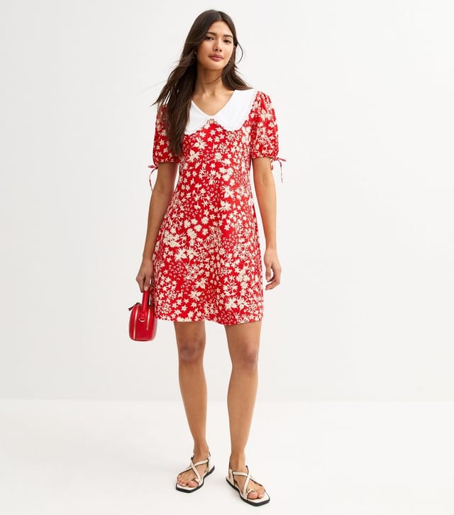 New Look Women's Red Crinkle Texture Floral Print Frill Collar Mini Dress New Look - 3