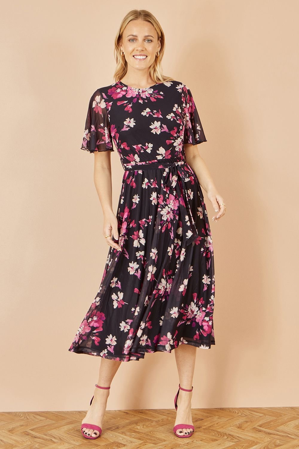 Yumi Yumi Women's Black Mesh Skater Floral Midi Dress - 2