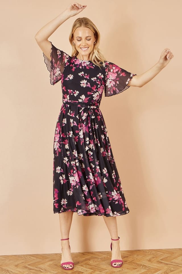 Yumi Yumi Women's Black Mesh Skater Floral Midi Dress - 3