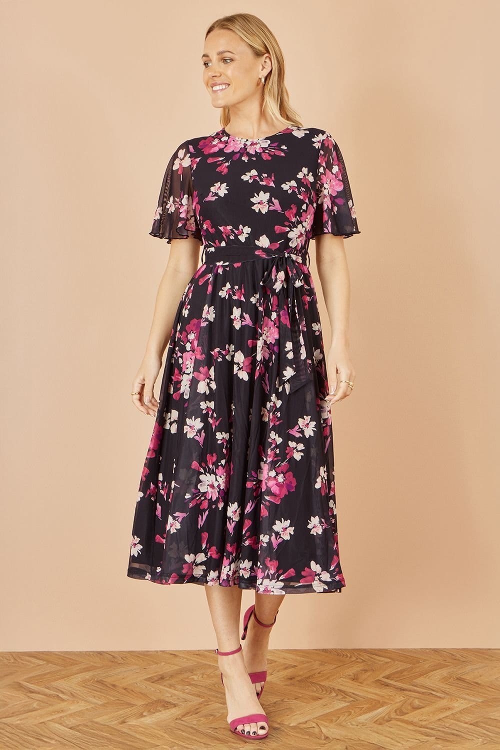 Yumi Yumi Women's Black Mesh Skater Floral Midi Dress - 4