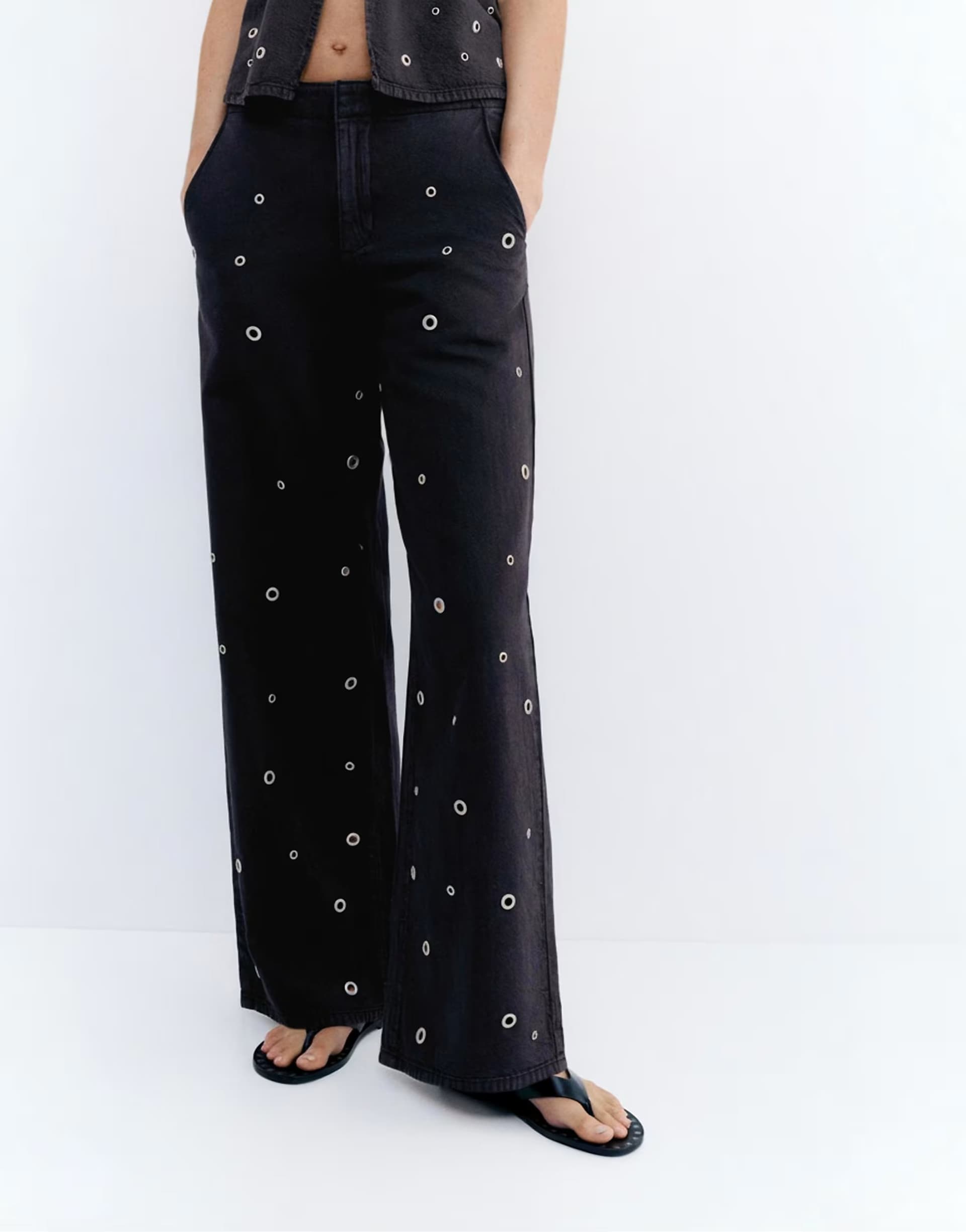ASOS Pull&Bear Straight-leg eyelet trousers in black