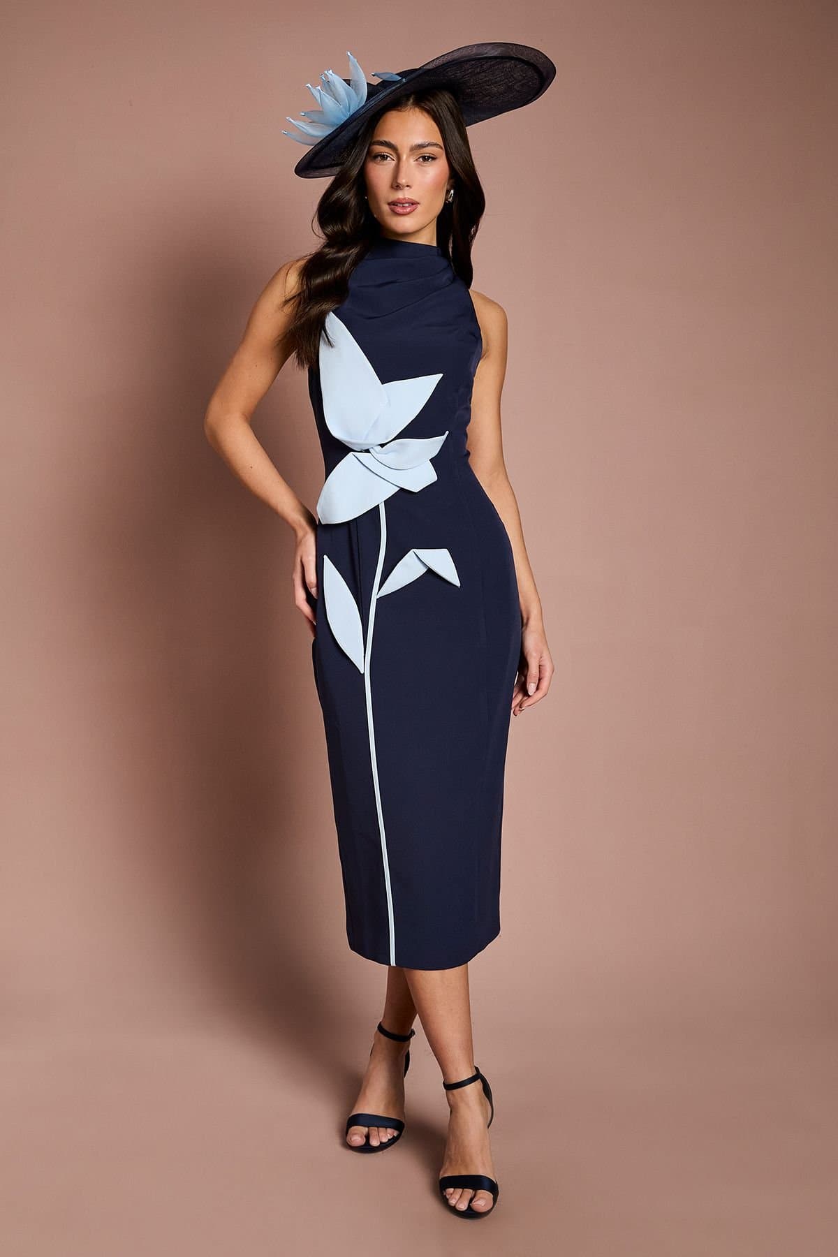 Coast Coast Women's Lisa Tan Placement Floral High Neck Midi Dress in Navy