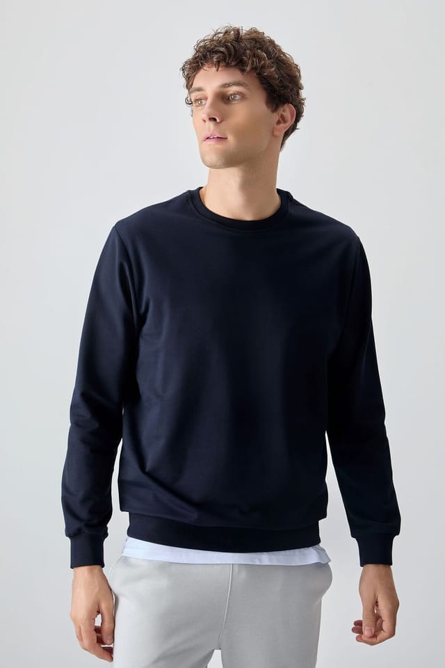 Tommy Life Tommy Life Men's Plain Crew Neck Sweatshirt in Mid Navy - 2