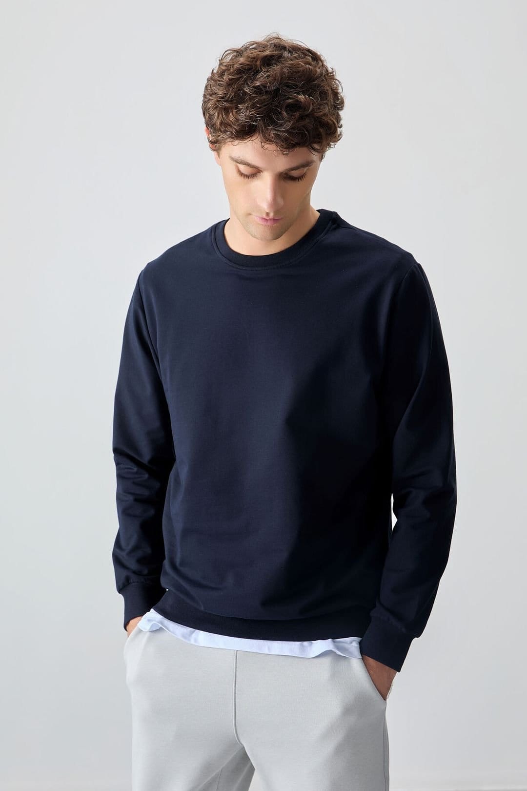 Tommy Life Tommy Life Men's Plain Crew Neck Sweatshirt in Mid Navy - 4