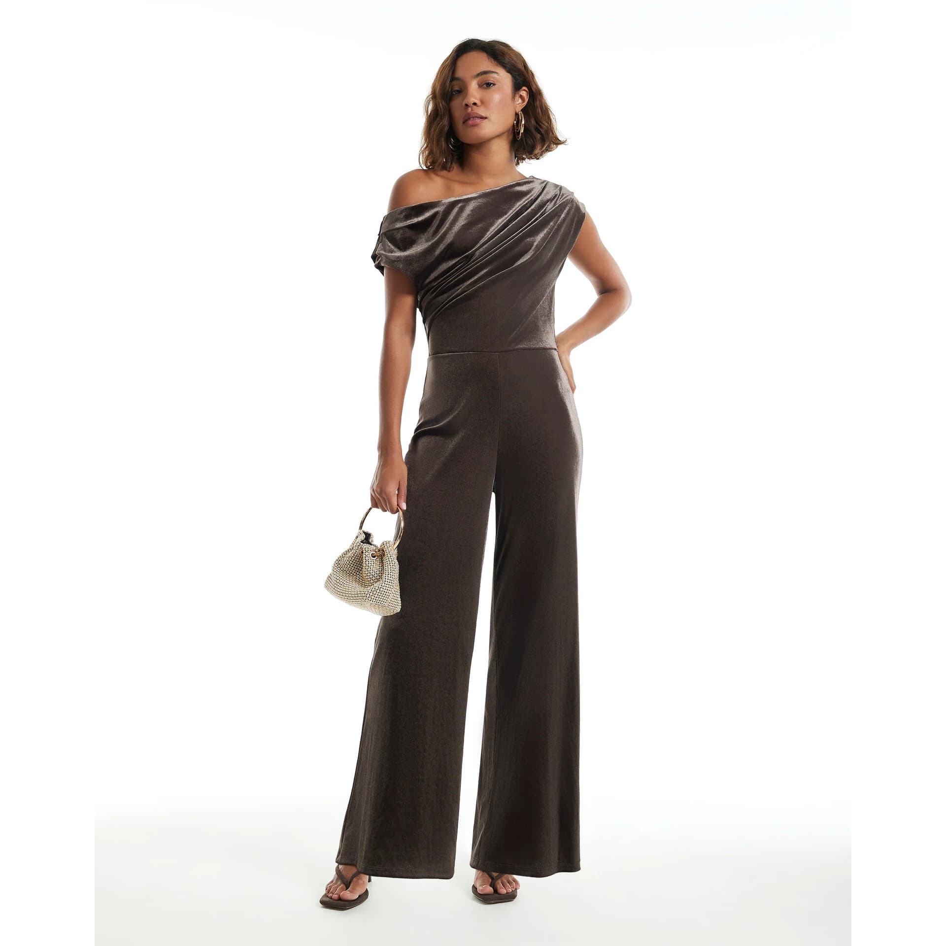 River Island River Island Womens Brown Velvet Asymmetric Drape Jumpsuit