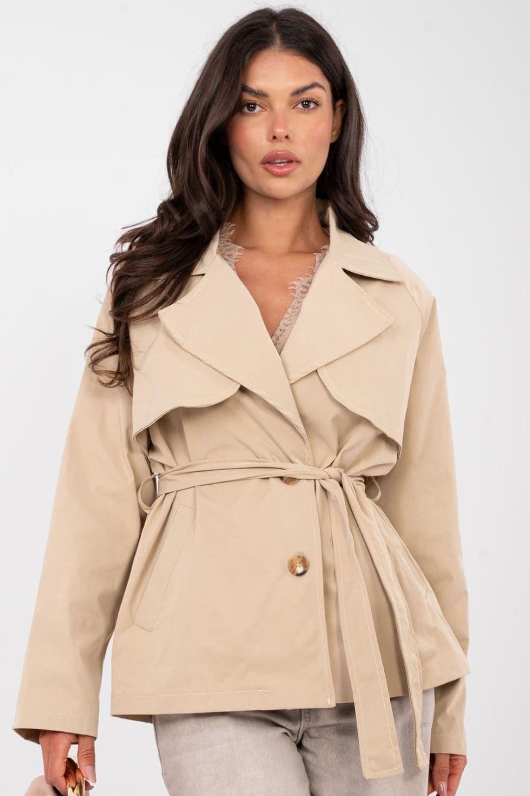 Love Lace Love Lace Women's Casual Belted Short Trench Coat for Work in Beige