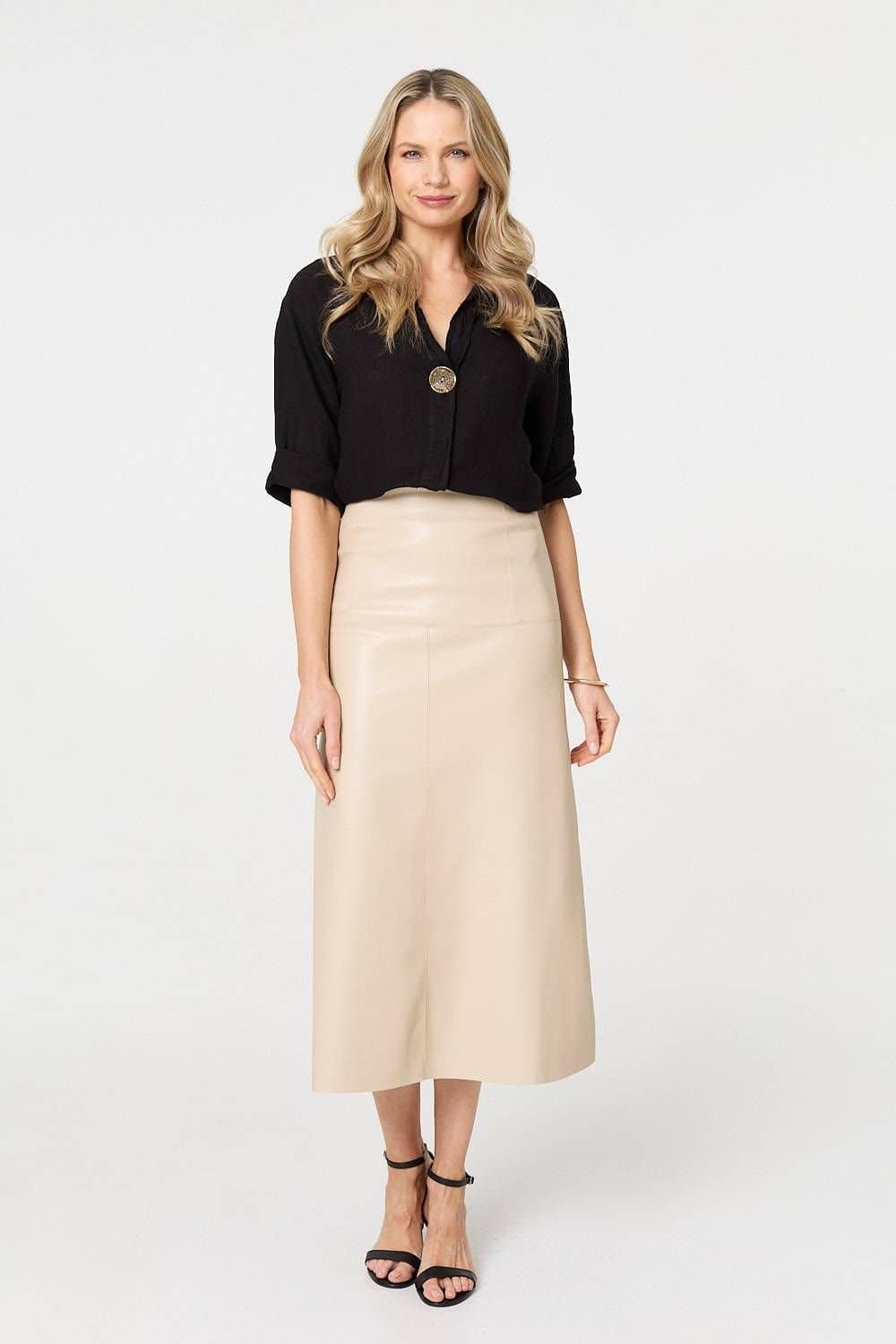 Izabel London Izabel London Beige Faux Leather Midi Skirt