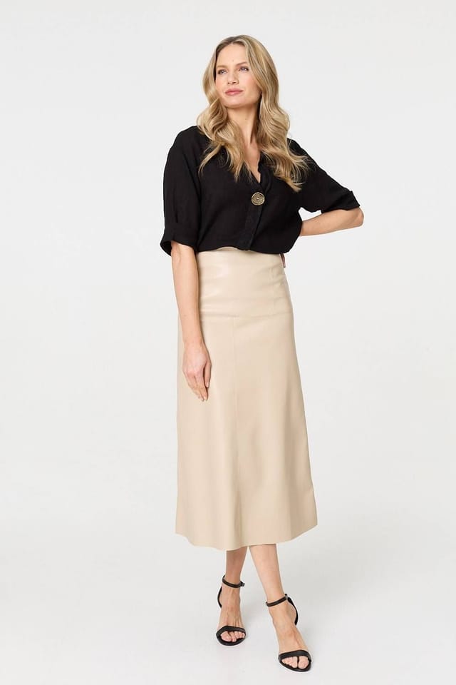 Izabel London Izabel London Women's Faux Leather High Waist Midi Skirt in Beige - 2