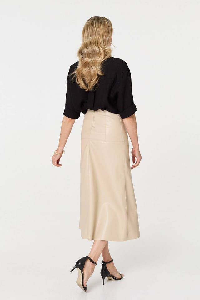 Izabel London Izabel London Women's Faux Leather High Waist Midi Skirt in Beige - 3