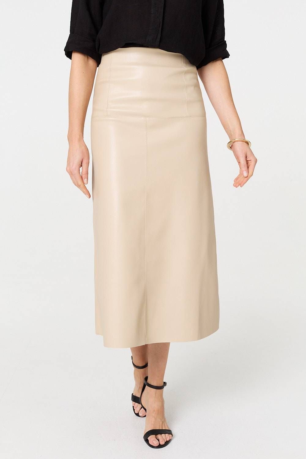 Izabel London Izabel London Women's Faux Leather High Waist Midi Skirt in Beige - 4